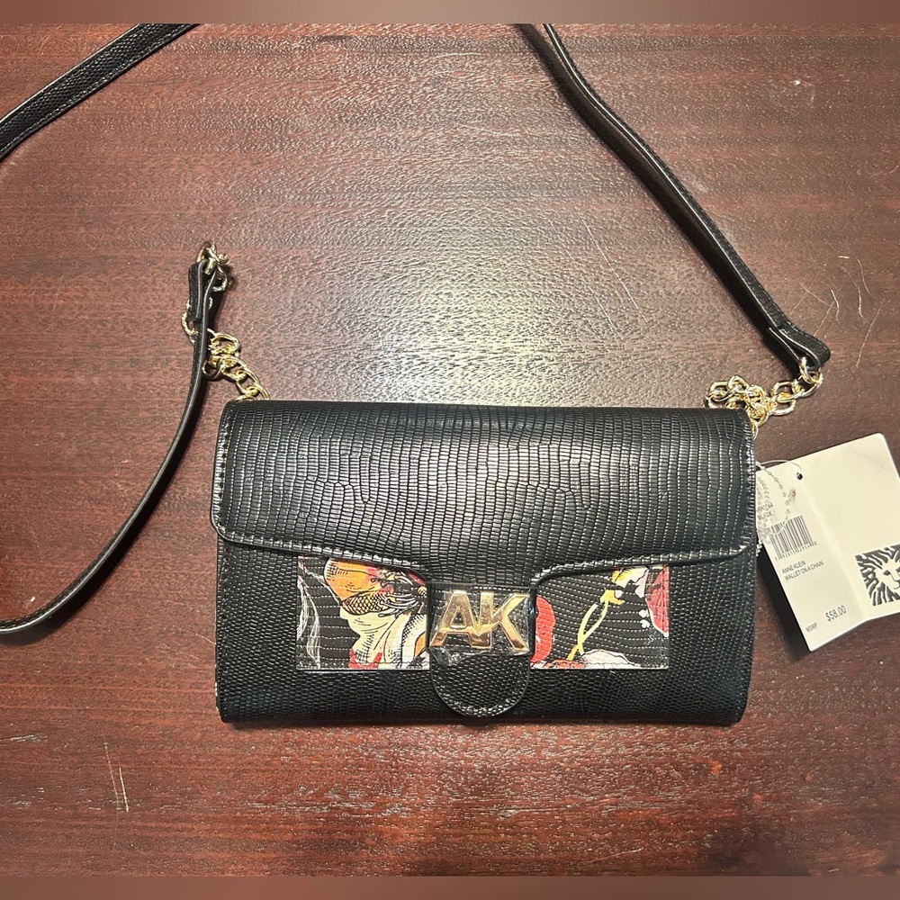 Anne Klein Black Crossbody Bag with Floral Design